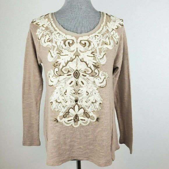 Meadow Rue Anthropologie Rococo Beaded Pullover Top Sweater Tan Ivory Lace sz XS - Picture 1 of 7